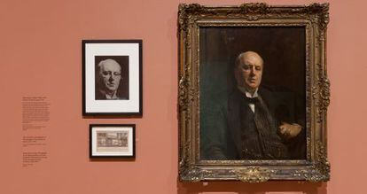 Retrato de Henry James por John Singer Sargent, que atacaron en mayo de 1914. A la izquierda aparece una foto del cuadro antes de su restauración.