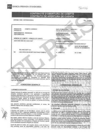 Contrato de apertura de una de las cuentas del exgerente de PDVSA en la Banca Privada d'Andorra (BPA).
