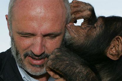 La chimpancé <i>Manuela</i> besa al diputado Francisco Garrido, conocedora de lo que él hace por los grandes simios.