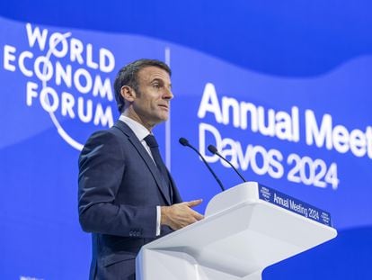 El presidente de Francia, Emmanuel Macron, durante su discurso en Davos este miércoles.