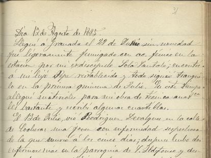 Notas del 12 de agosto de 1885 en el diario del médico granadino Federico Olóriz.