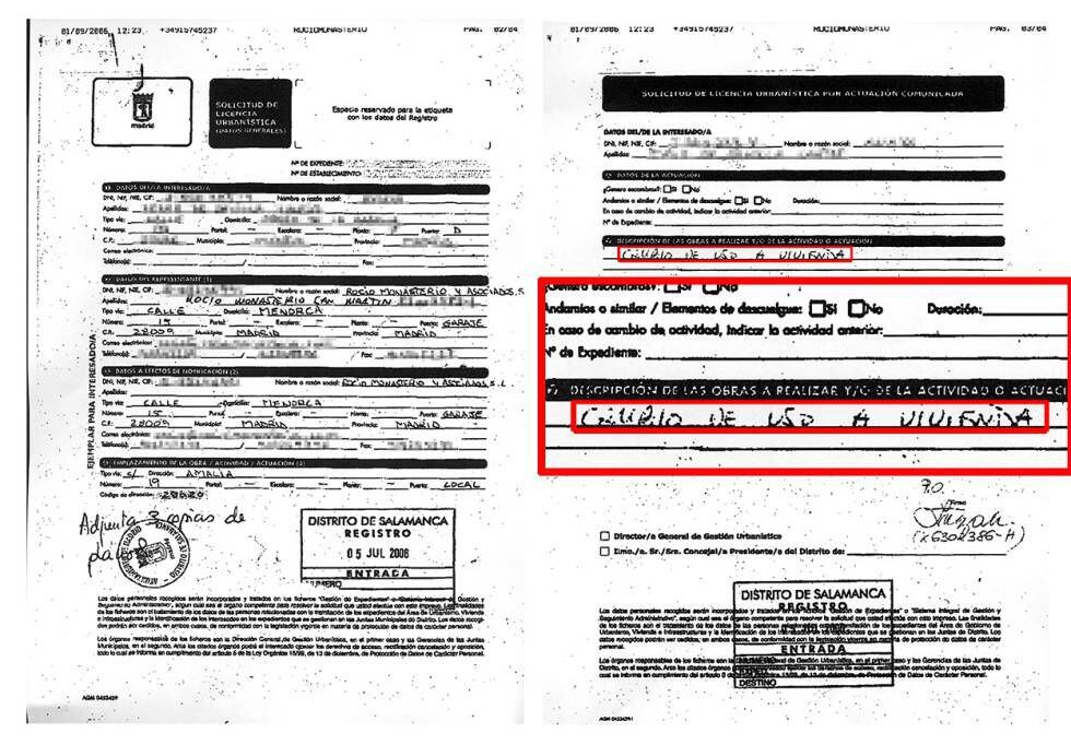 Solicitud oficial al Ayuntamiento de Madrid en la que Rocío Monasterio pide el cambio de uso de suelo industrial a vivienda del 'loft' en calle Amalia, en 2006.