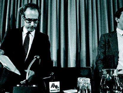 Miguel Boyer y Carlos Solchaga anuncian la expropiación de Rumasa, en 1983.