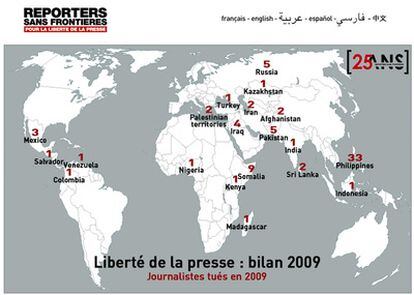 Los fallecidos, en un mapa mundi elaborado por RSF.