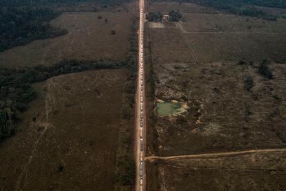 A line of trucks waiting to unload soy at the port of Miritituba, in the city of Itaituba in northern Pará state. The city is the main hub for shipping soy from the Amazon.