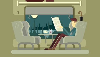 Ilustraci&oacute;n del interior de un vag&oacute;n de tren. 