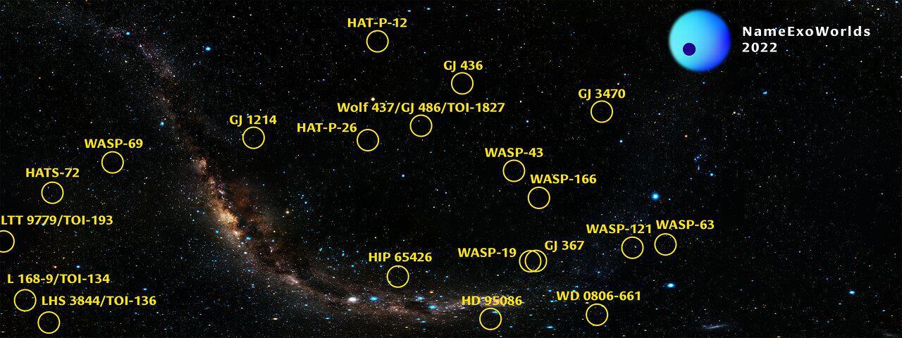 Mapa de los sistemas planetarios que recibirán nombre mediante concurso del público.