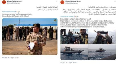 A la izquierda, Bahar Al Tawati Ali Al-Manfi.  A la derecha, imágenes de un entrenamiento de los 'hombres rana' en dos publicaciones de la cuenta de Twitter de la Armada del este de Libia.