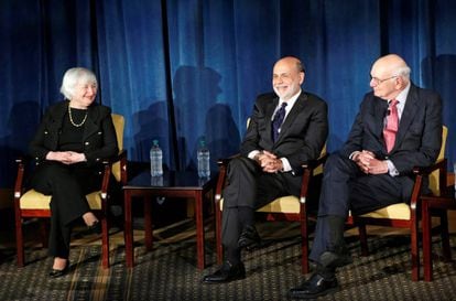 Los expresidentes de la Fed Janet Yellen, Ben Bernanke and Paul Volcker en una imagen de archivo.