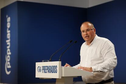 El vicesecretario de Organización Territorial del Partido Popular, Miguel Tellado, este lunes en la sede del partido de Madrid.
