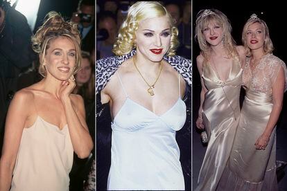 El vestido lencero es probablemente la prenda que mejor define la estética de la década de los 90. La alfombra roja se rindió al hedonismo y la sencillez de esta pieza. De izda. a dcha., Sarah Jessica Parker en los VH-1 Fashion Awards de 1997; Madonna en 1995; y Courtney Love, en la fiesta de Vanity Fair de los Oscar de 1995, con un diseño al bies inspirado en los vestidos que llevaba Jean Harlow en los años 30 (tributo a Vionnet).