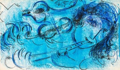 Litografía 'El flautista', una de las obras realizadas por Marc Chagall en 1957 que se exponen en la Fundación Barrié de A Coruña.
