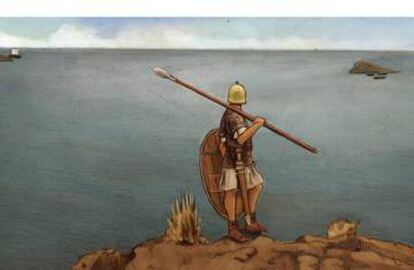 Recreación de un soldado sertoriano en la cima del Tossal de la Cala dando aviso del paso de una nave senatorial a los piratas cilicios escondidos tras las isleta de Benidorm.