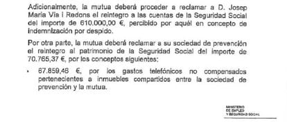 Extracto de la resolución de la Seguridad Social que reclama a la mutua que devuelva la indemnización abonada a Via.