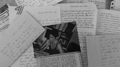 Una fotografía de Lydia Cacho y sus diarios personales.