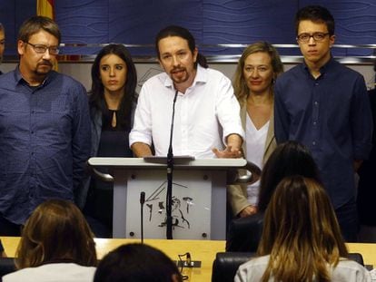 Rueda de prensa de Pablo Iglesias en el Congreso.