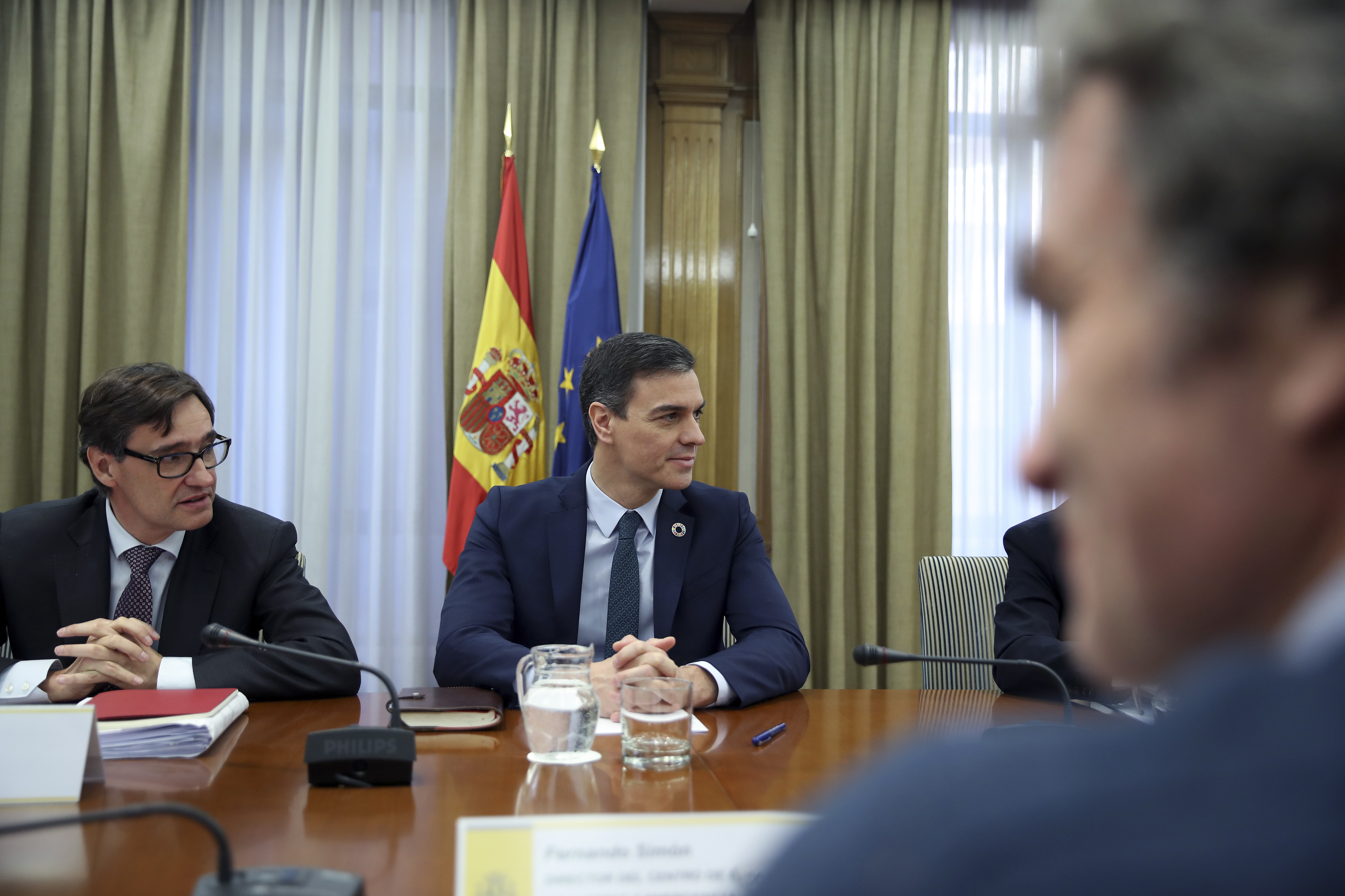 El presidente del Gobierno, Pedro Sanchez, junto al ministro de Sanidad, Salvador Illa, preside la Comision de seguimiento del coronavirus, en el ministerio de  Sanidad.