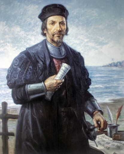 Retrato de Gonzalo Fernández de Oviedo pintado por Coriolano Leudo Obando y expuesto en la Academia Colombiana de Historia.