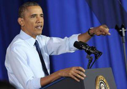 El presidente de EE.UU., Barack Obama, durante un discurso en la escuela P-TECH de Brooklyn, que acoge a jóvenes de entre 14 y 20 años y está situada en una zona deprimida de la ciudad.