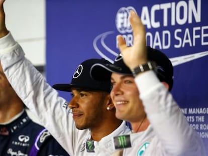 Rosberg, Hamilton y Ricciardo, tras la clasificaci&oacute;n.
