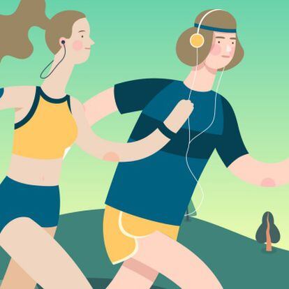 Runners - runners in the park - flat vector concept illustration of young man and woman with headphones, sporting equipment. Healthy activity. Green park, trees, hills and a lake landscape at dawn