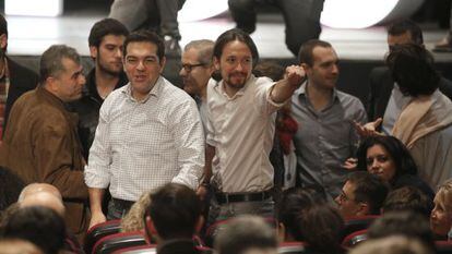 Pablo Iglesias junto al líder de Syriza, Alexis Tsipras en Madrid.