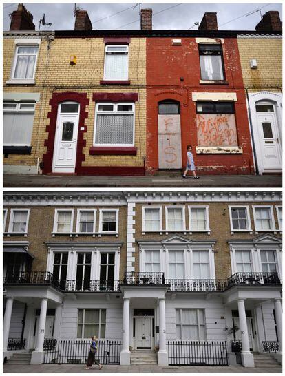 Una niña camina por una calle de Kensington, Liverpool (arriba) el 18 de mayo de 2017 y una mujer camina por una calle de Kensington, Londres, el 29 de mayo de 2017.