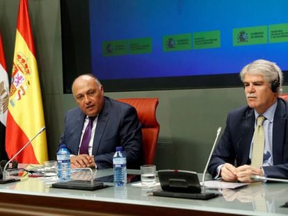 El ministro egipcio de Asuntos Exteriores, Sameh Shoukry con el ministro de Asuntos Exteriores de Espa&ntilde;a, Alfonso Dastis