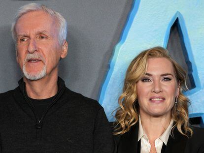 Film director James Cameron with actress Kate Winslet during the London premier of 'Avatar: The Way of Water.'