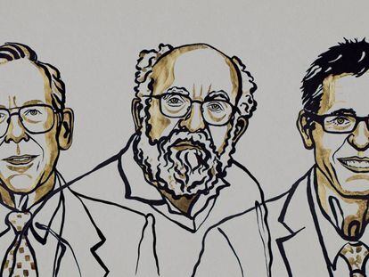 James Peebles, Michel Mayor y Didier Queloz, premios Nobel de Física, en un dibujo distribuido por la Fundación Nobel. En vídeo, la Academia anuncia a los ganadores del premio.