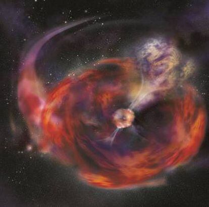 Ilustración de la hipótesis de la fusión de una estrella de neutrones y una estrella gigante que originó el estallido de rayos gamma GRB 101225A.