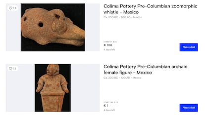 Captura de pantalla de las subastas de piezas prehispánicas en el portal web catawiki.com.