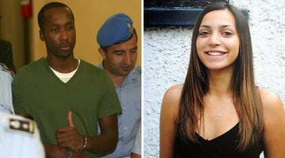 A la izquierda, Rudy Guede, acusado del asesinato de Meredith Kercher, en un juicio celebrado en Perugia en 2008. Es el único encarcelado por el caso. A la derecha, una fotografía de Meredith Kercher, la chica asesinada.