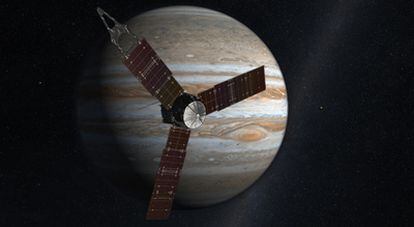 Ilustración de la nave automática interplanetaria <i>Juno</i> sobre una imagen de fondo del planeta Júpiter.