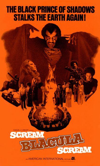 El póster de la película 'Scream Blacula Scream', la secuela de terror de blaxploitation de Blacula, protagonizada por William Marshall, Pam Grier y Bernie Hamilton, 1973. 