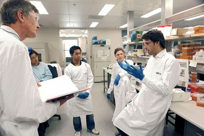 Hosam Zowawi (derecha) habla con sus compañeros investigadores  en la universidad de Queensland.