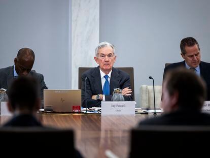 El presidente de la Reserva Federal, Jerome Powell, durante una reunión del consejo de la Reserva Federal de 2023.