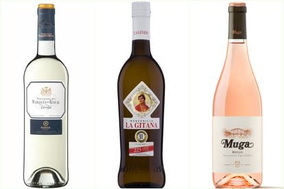 Algunos de los vinos seleccionados por Gemma Vela Humanes: Marqués de Riscal, Manzanilla La Gitana y Muga Rosado.