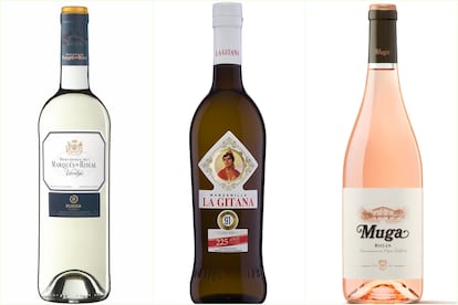 Algunos de los vinos seleccionados por Gemma Vela Humanes: Marqués de Riscal, Manzanilla La Gitana y Muga Rosado.