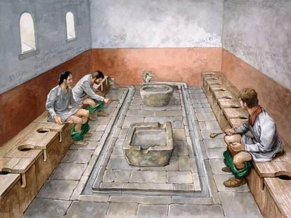 Récréation, par l'artiste Philip Corke, des latrines romaines à Housesteads Fort en Angleterre.