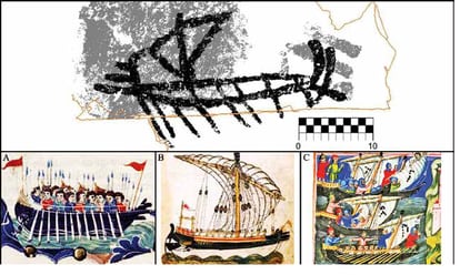 Above, boat-shaped No. 3 from Laja Alta compared to (left to right) a 14th-century Venetian galley, a 15th-century Venetian galley and a 14th-century galley from Latin manuscripts.