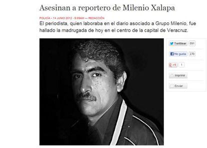 La web de Milenio Diario en la que se informa de la muerte del reportero.
