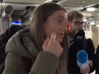 Miriam Nogueras, ayer a su llegada a Ginebra, en una imagen de RTVE.