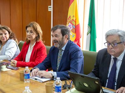 El presidente del CGPJ, Vicente Guilarte (en el centro), preside la reunión que la Comisión Permanente del Consejo General del Poder Judicial ha mantenido este jueves en la sede de la Audiencia Provincial de Cádiz.
