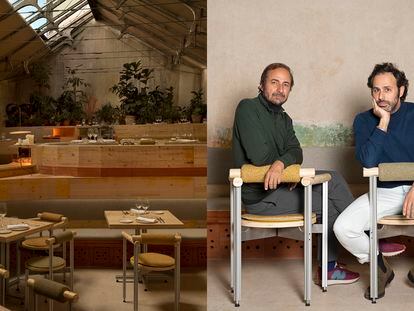 Comedor de Tramo y Javier Antequera y Felipe Turell (derecha), impulsores de Proyectos Conscientes, la empresa detrás del restaurante madrileño.