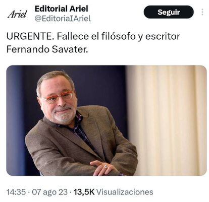 A screenshot of the tweet that gave the news of the false death of the writer Fernando Savater.