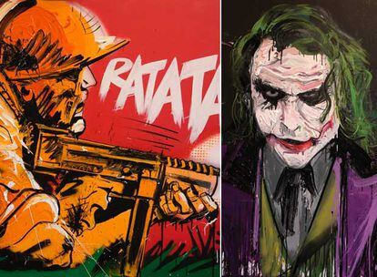 Arriba, el óleo titulado 'Ratatata!' A bajo, retrato del actor Heath Ledger en el papel de Joker.