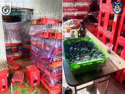 Botellas vacías y corcholatas en la fábrica clandestina de Coca Cola en Iztapalapa, en Ciudad de México.