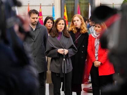 La secretaria general de Podemos, Ione Belarra, durante una declaración ante la prensa este miércoles en el Congreso.