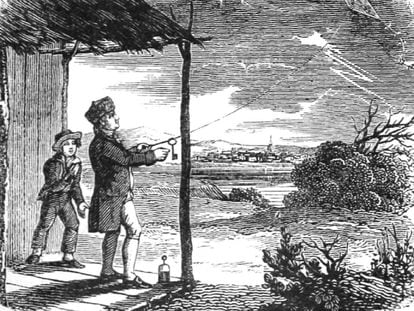 Grabado de Benjamin Franklin realizando el experimento de la cometa.